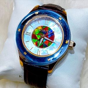 Korite Ammolite Genuine Leather Classic Swiss Watch with Pearl 43mm for Women